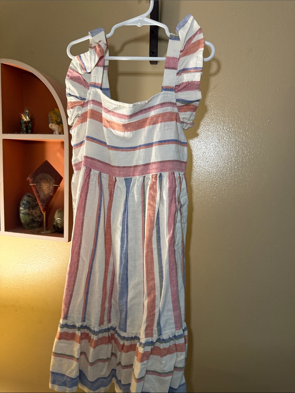 Girls' Striped Ruffle-Sleeve Sundress - White with Pink & Blue Stripes